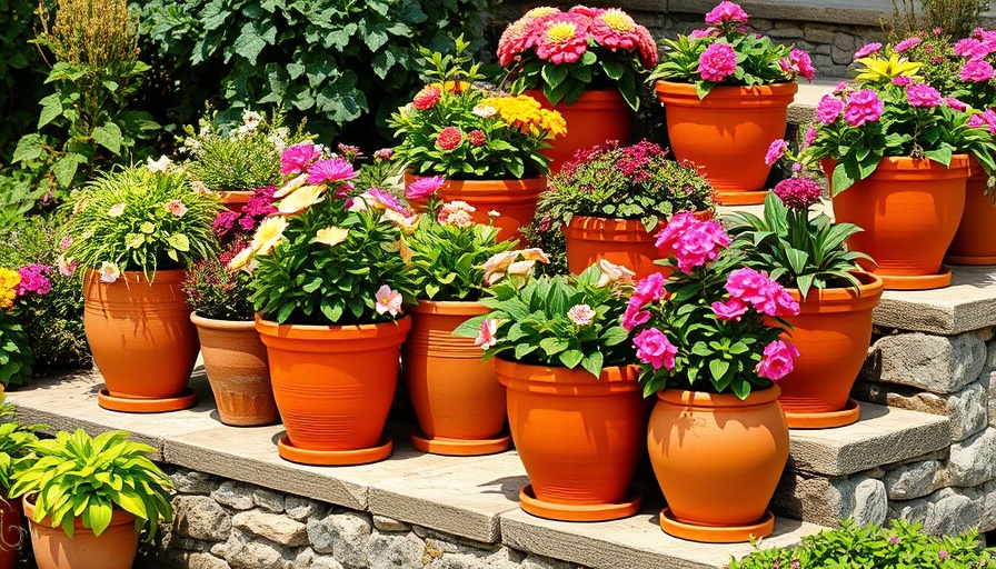Successful container gardening with lush terracotta pots on steps.