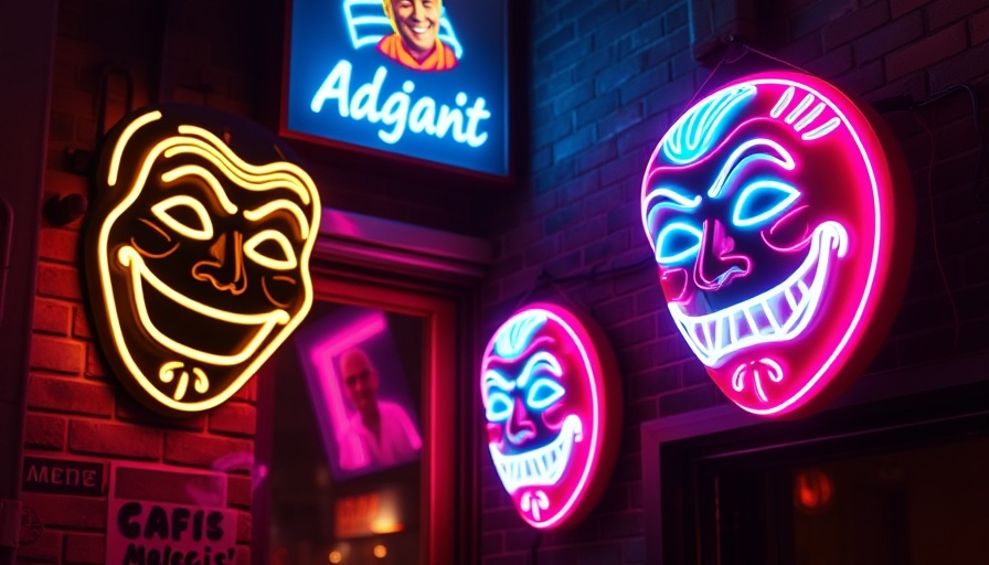 Neon sign 'Comedy Tonight' with comedy masks on a brick wall.