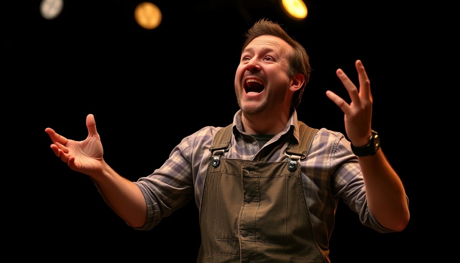 Floyd Collins Broadway actor gesturing happily in dim light.