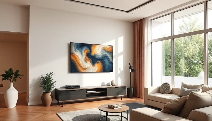 Modern living room with wall-mounted TV displaying art, bright natural light.