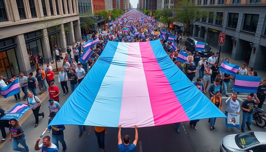 Aerial view of parade advocating for trans rights with pride flag.