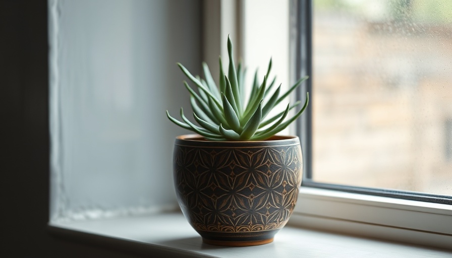 Succulent with plant care issues in patterned pot on windowsill.