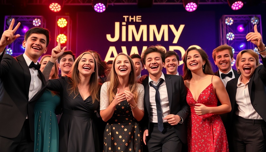 Group of young performers at 2025 Jimmy Awards, smiling on stage.