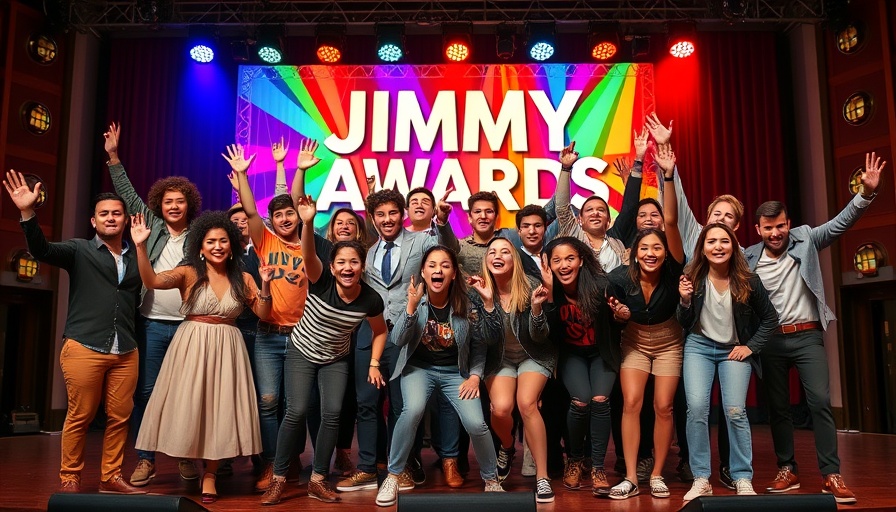 Group of performers posing on stage at 2025 Jimmy Awards.