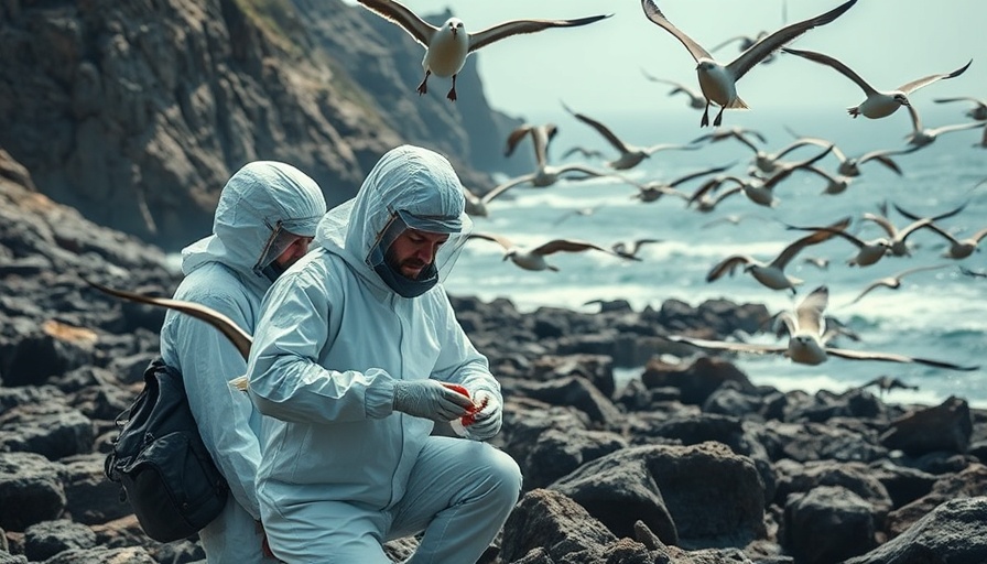 Scientists in protective gear manage bird flu in Ireland on rocky coast.