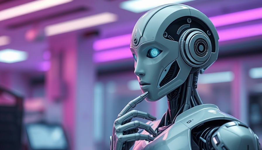 Futuristic robot pondering in a tech lab - AI multilingual customer service solutions.