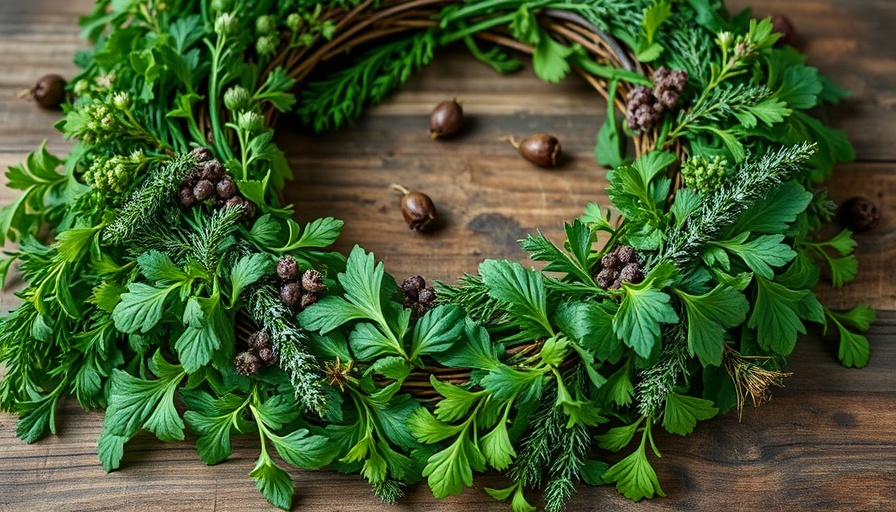 Beautiful culinary herb wreath on rustic wooden table.