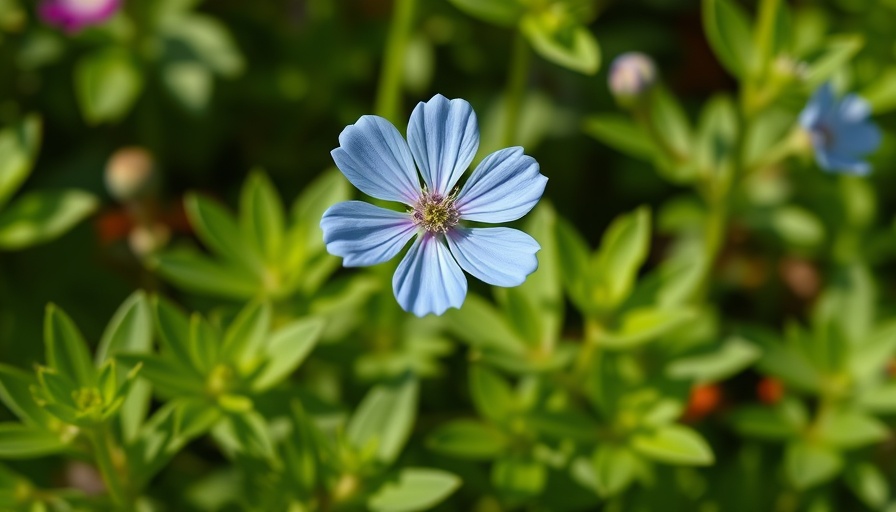 Delicate blue nigella flowers blooming in a lush garden setting