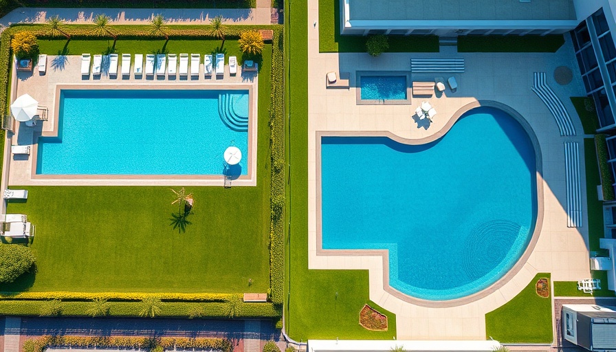 Luxurious swimming pools with modern designs and greenery from above.