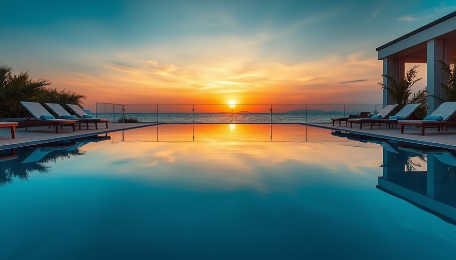 Conditions of use for Sima Pools at sunset with lounge chairs and greenery.