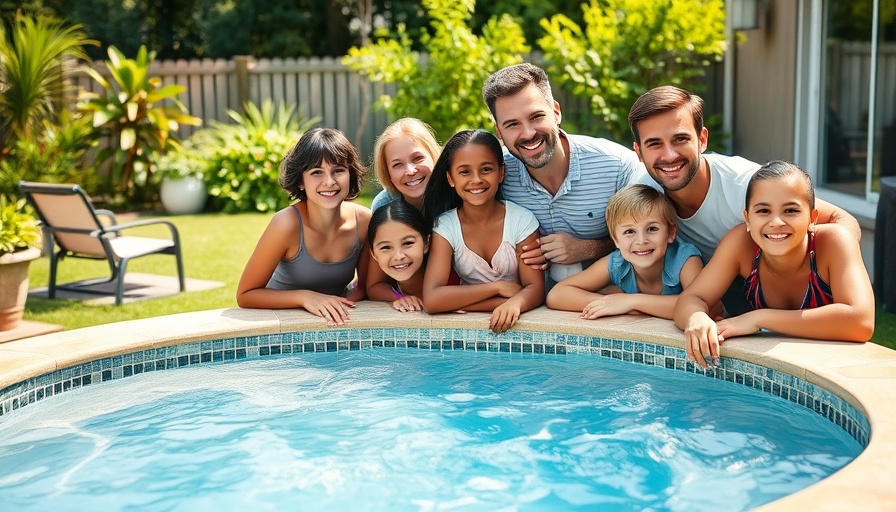 Family enjoying year-round swim spa in backyard setting.