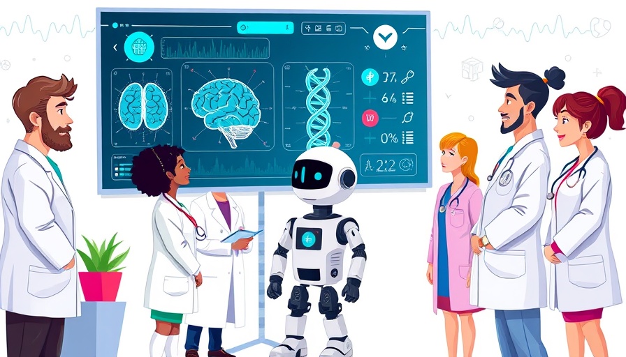 AI based medical diagnosis illustration with doctors and AI robot.
