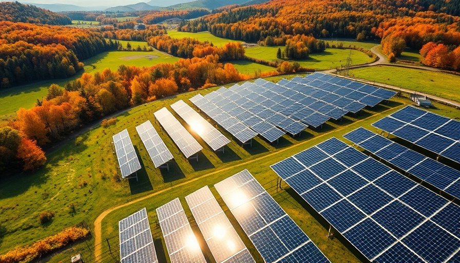 Aerial view of solar farm in New England's autumn landscape.