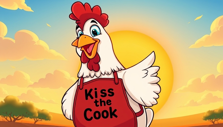 Colorful cartoon chicken with 'Kiss the Cook' apron, Chicken RP theme.