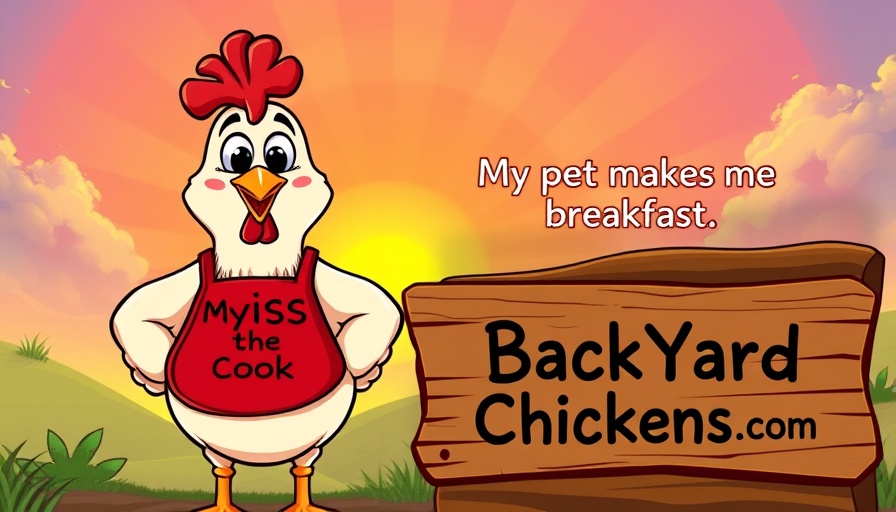 Cartoon chicken with apron humorously depicted for new chicken keeper tips.