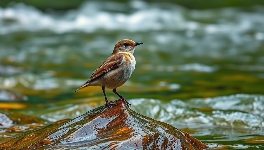 Bird on rock by river rapids with reflections.