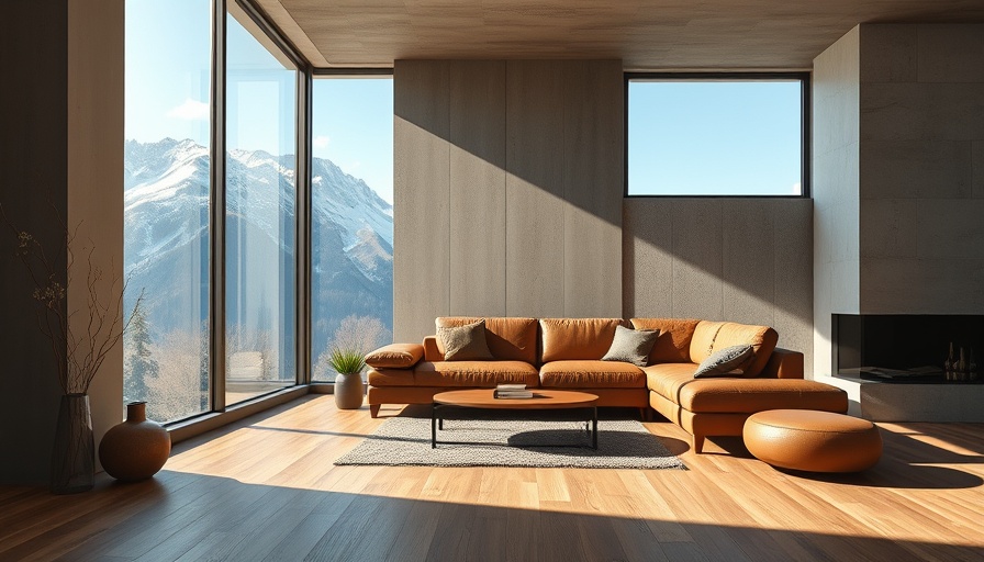 Alpine house minimalist living room with mountain view.