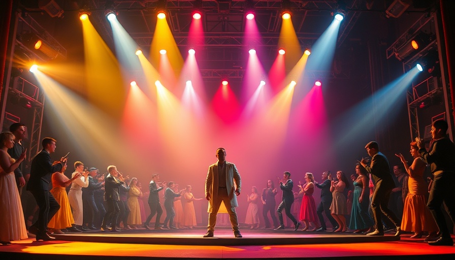 Here I Am Dirty Rotten Scoundrels stage performance with vibrant costumes.