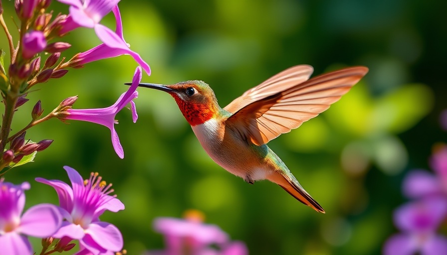 Brown hummingbird feeding on purple flowers in a garden.