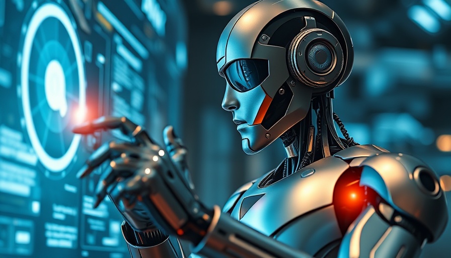 Futuristic robot analyzing data with holographic interface. WRITER Action Agent.