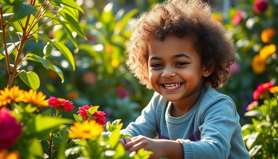 Curly-haired child gardening joyfully in an outdoor garden.