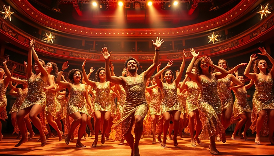 A CHORUS LINE performance featuring dancers in golden costumes on a lit stage
