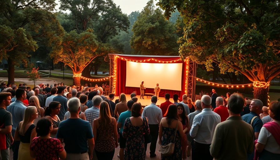 People gathering for Free Shakespeare in the Park at twilight.