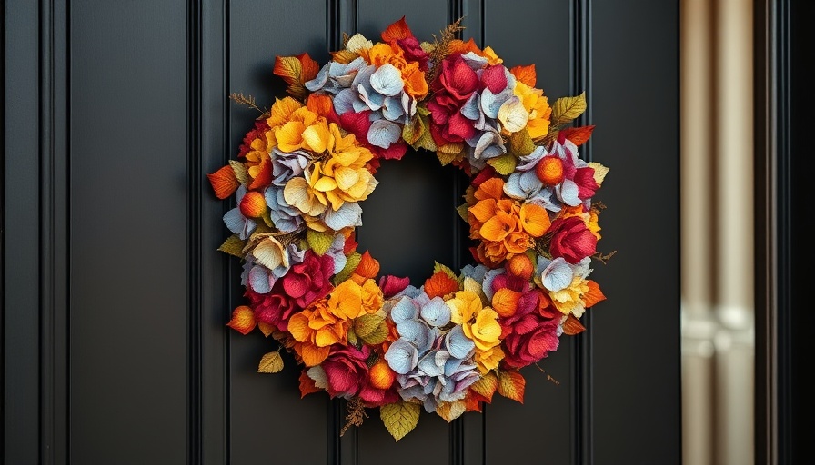 Hydrangea wreath with autumnal hues on a black door, perfect for an outdoor garden.