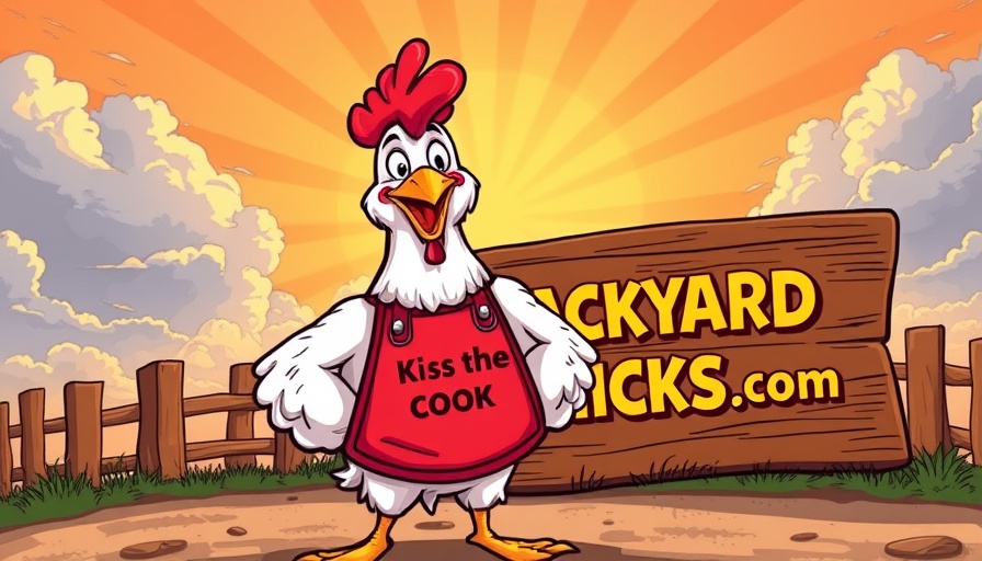 Cartoon chicken promoting Backyard Chickens with sunrise background.