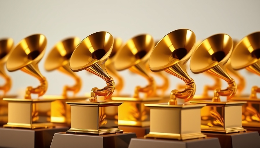 Grammy Awards Best Musical Theater Album trophies reflecting light.