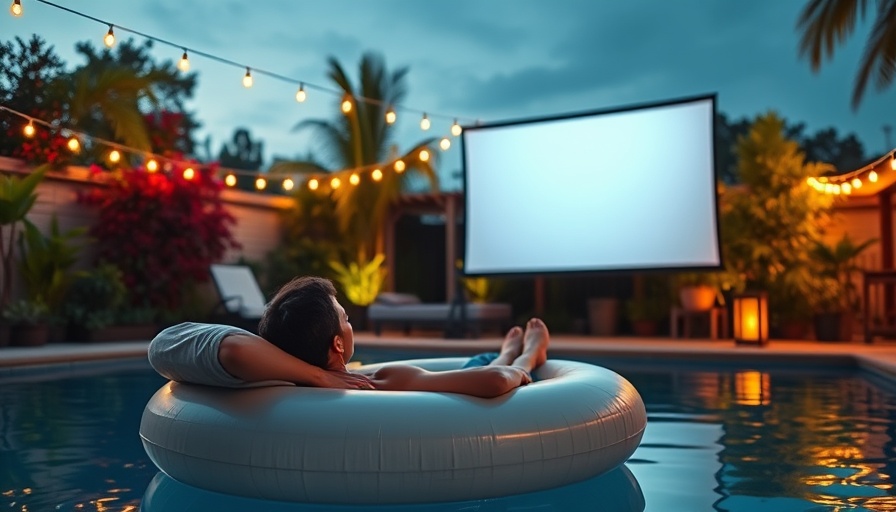 Outdoor movie night setup with affordable equipment by the pool.