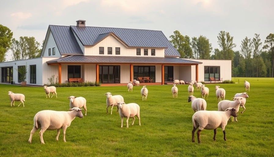 Modern farmhouse with functional design, grazing sheep in open pasture.