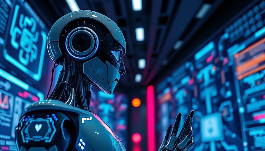 AI-native operating system concept with futuristic robot in tech hub.