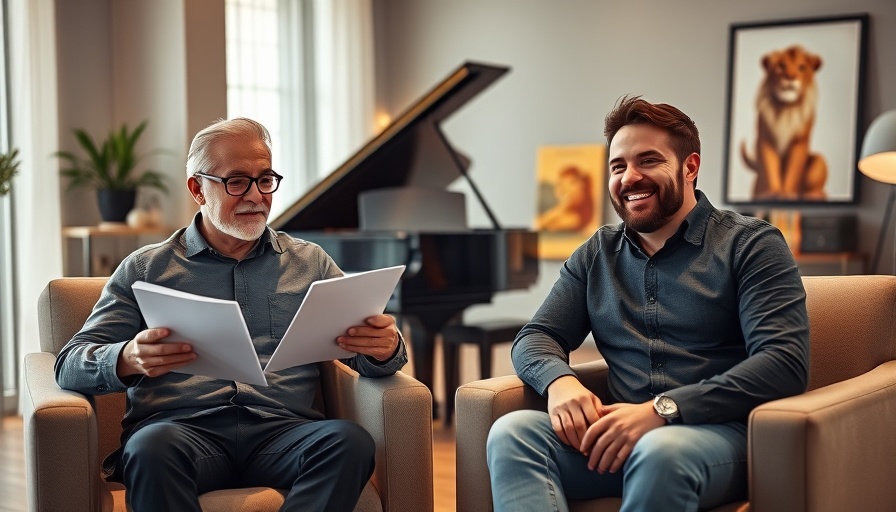 Two men in a studio discussing, with a Lion King book visible.