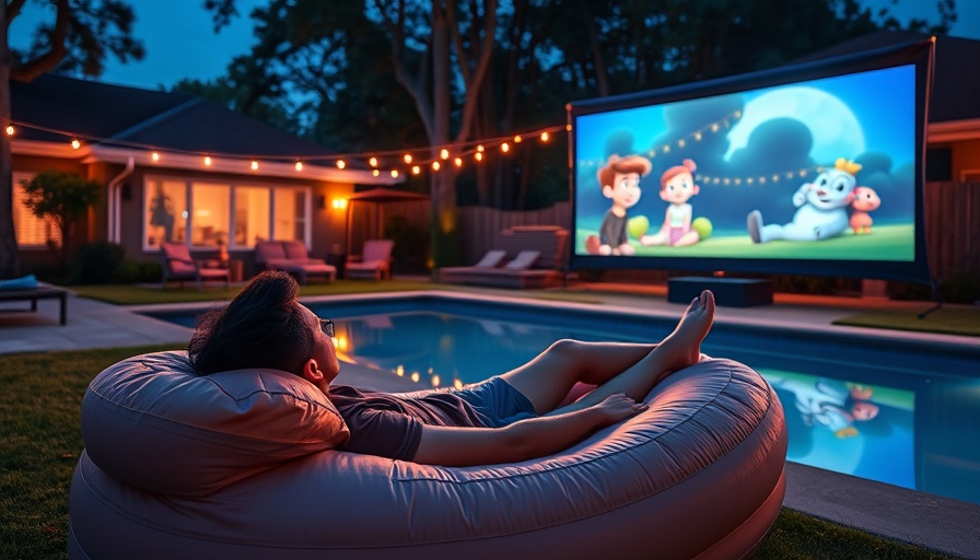 Poolside outdoor movie night setup with inflatable seating.
