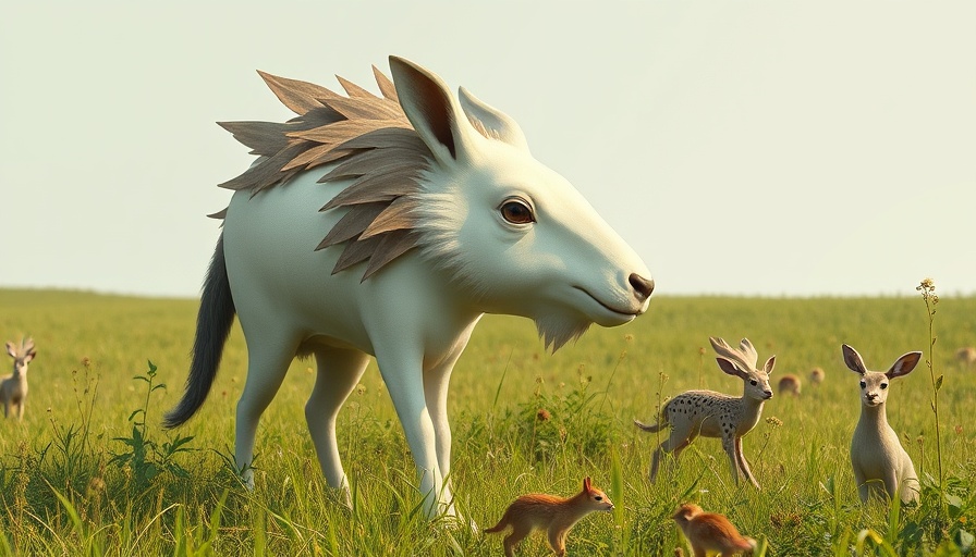 Illustration of a surreal hybrid animal depicting the One Health Approach to Bird Flu in a serene field.