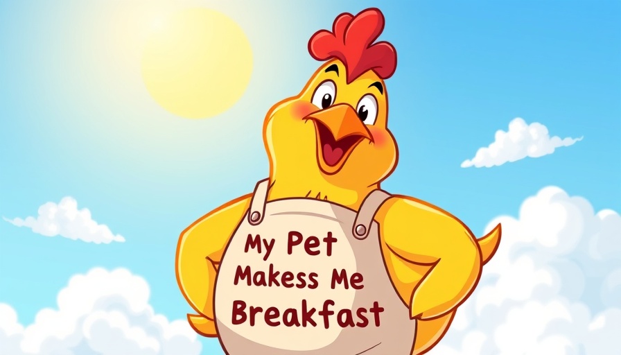 Humorous cartoon chicken with apron in sunny setting.