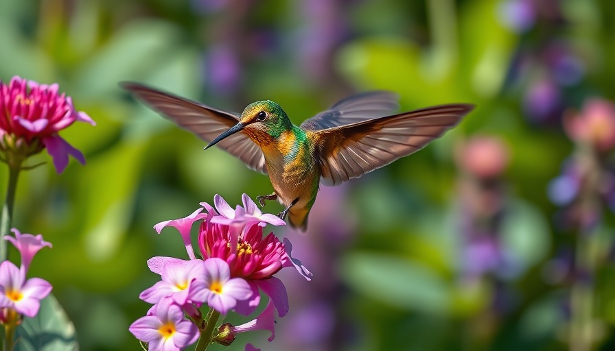 Vibrant hummingbird and purple flowers, showcasing ultraviolet vision in birds.