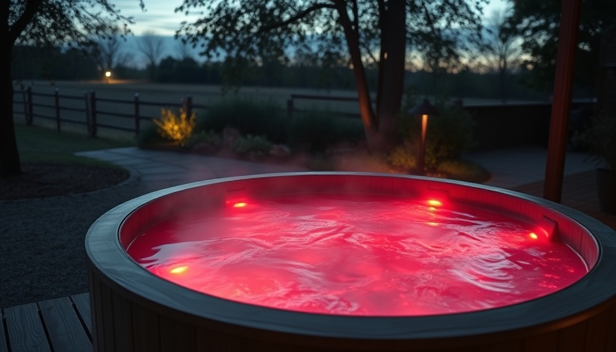 Serene outdoor hot tub with red light therapy during twilight.