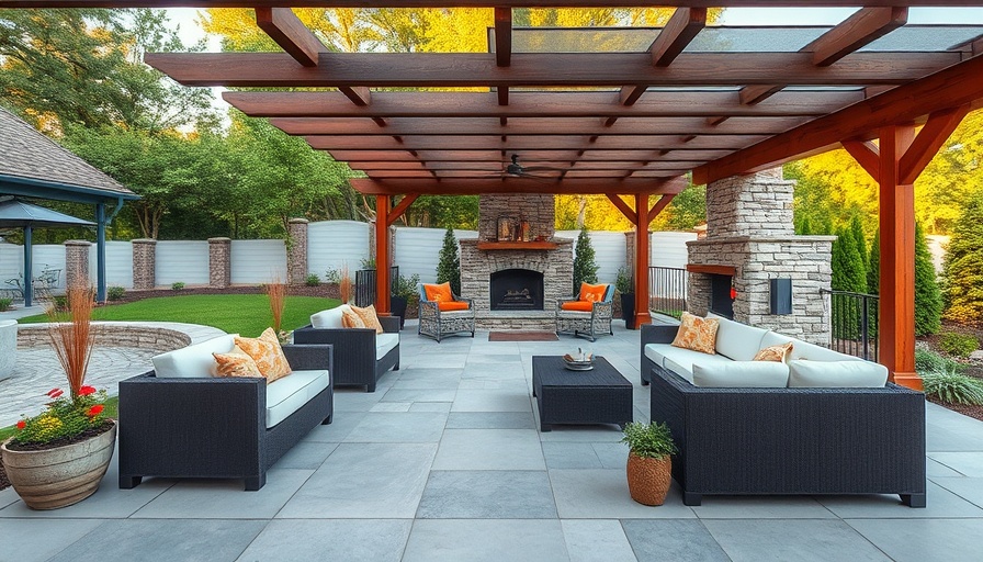 Outdoor living space with decorative concrete flooring and a pergola.