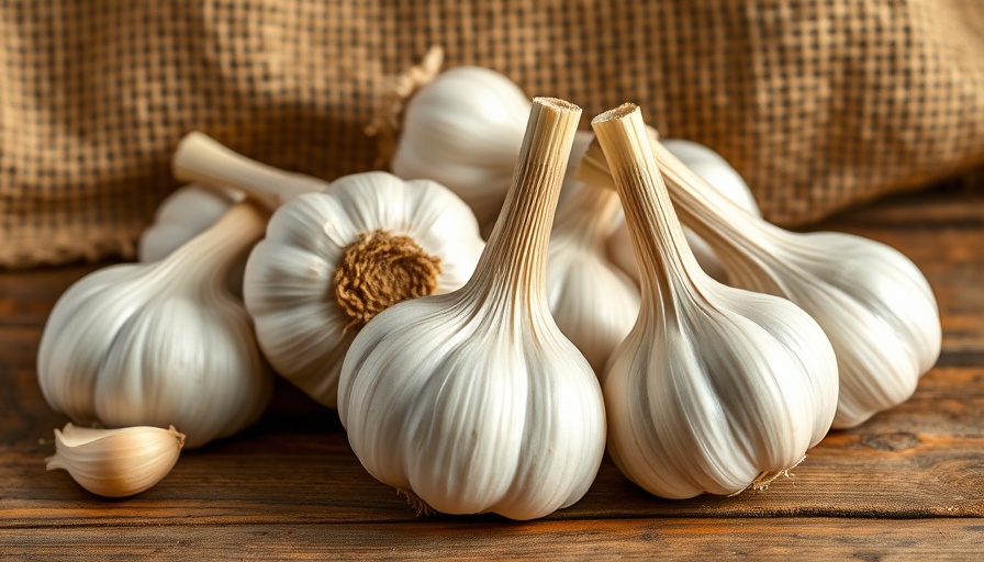 Fresh garlic bulbs on a rustic table for growing your own garlic.