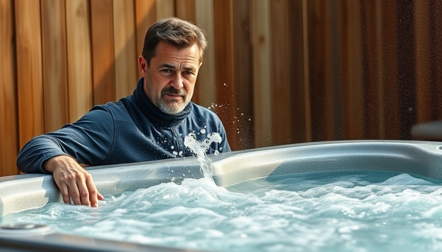 Professional technician inspecting a hot tub, modern backyard setting.