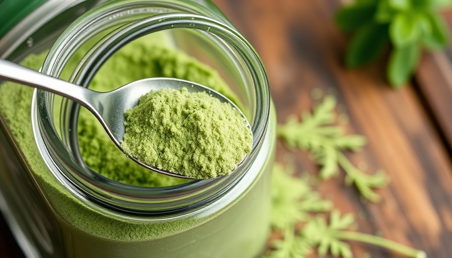 Green stevia powder in a jar with spoon on a wooden table.