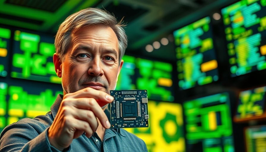 Middle-aged man at technology event showcasing chip, U.S. Chip Manufacturers.