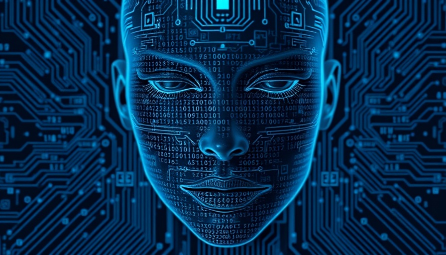 Futuristic digital face with binary code overlay and circuit design.
