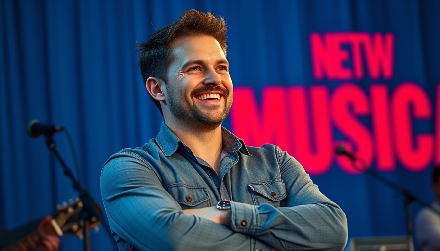 Man at musical event with blue and red backdrop, smiling.