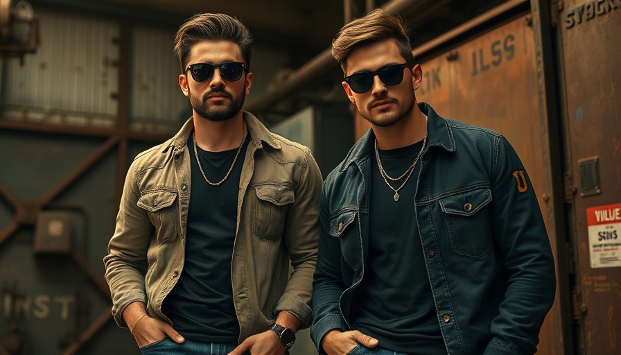 Two men posing confidently in an industrial setting, highlighting cultural narratives in Mexodus.
