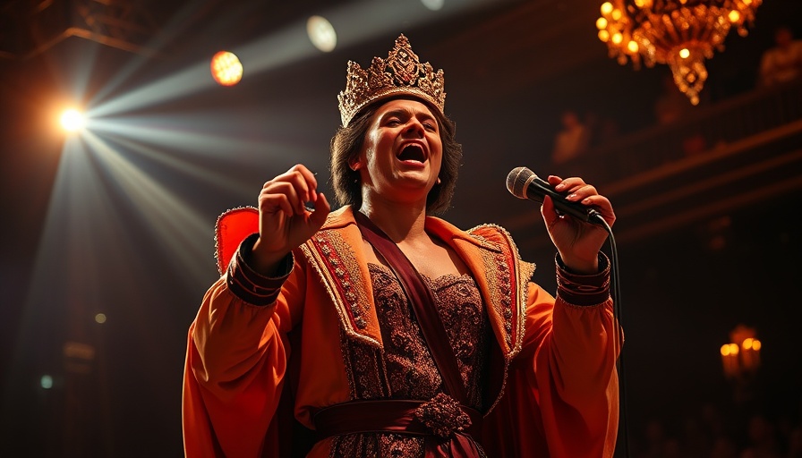 Performer in crown singing passionately at Broadway Dream Roles concert.