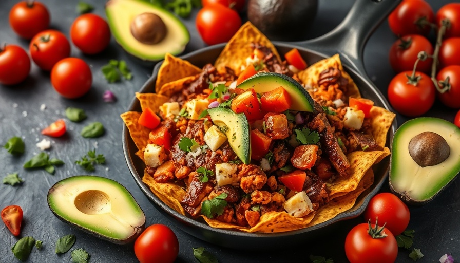 Delicious BBQ nachos and fresh ingredients, vibrant and colorful display.