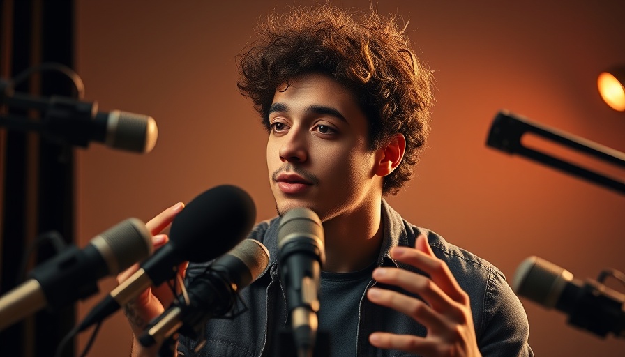 Podcast host with microphones and portrait of a man, Julian Manjerico Broadway.